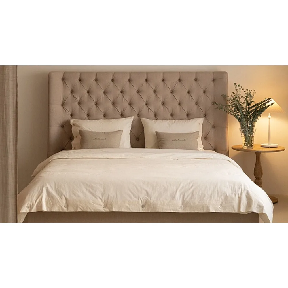 Wabi sand wind fabric bed light luxury solid wood double 1.8 meters master bedroom high backrest bed