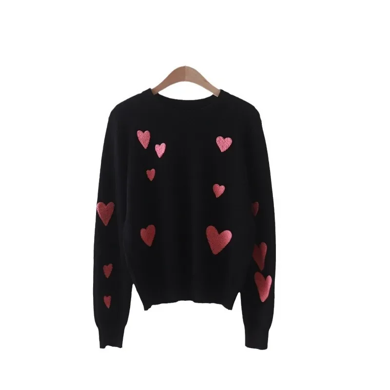 Autumn and Winter New Cute Youth-Looking Full-Body Love Flocking Embroidered Crew Neck Long-Sleeved Knitted Sweater Pullover Bot