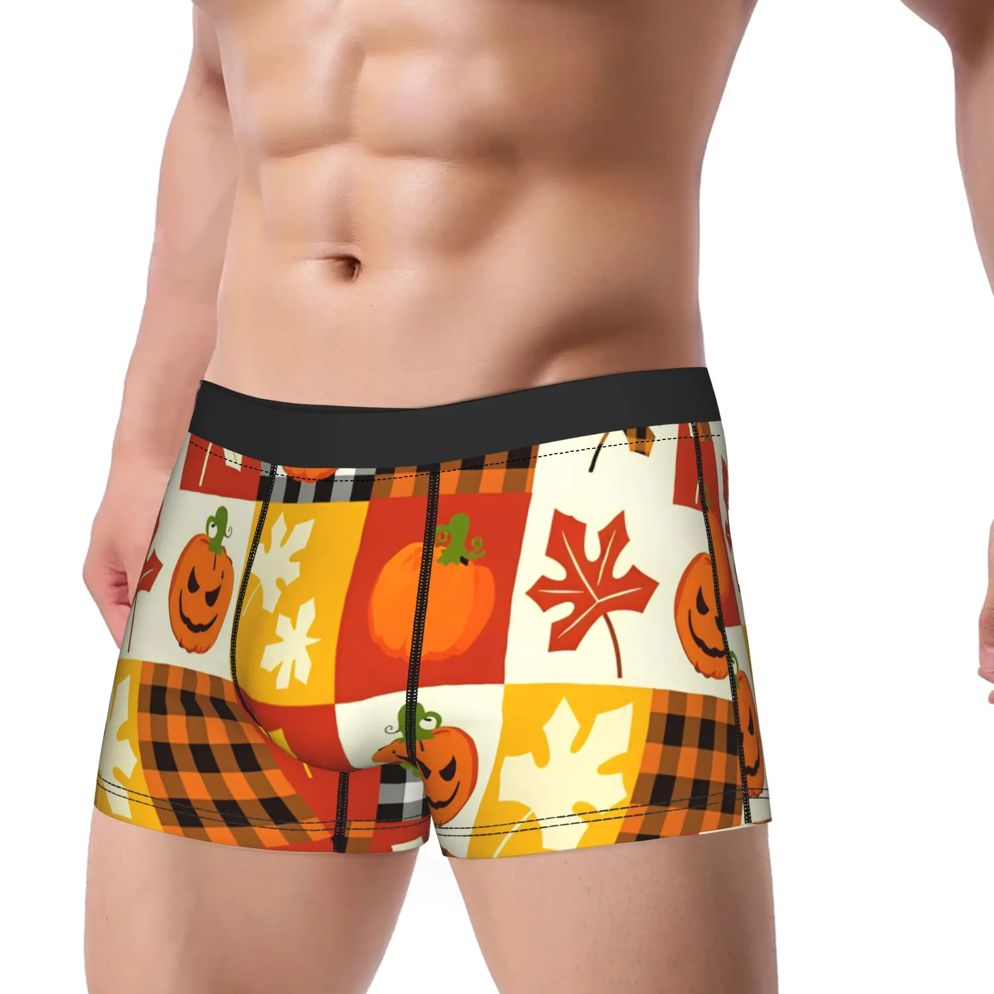 Men's Halloween Pumpkin Leaf Patterned Long Underwear  Funny Boxer Briefs Shorts Panties Male Mid Waist Underpants Plus Size