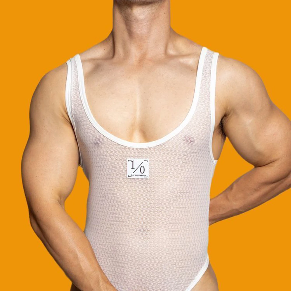 

Men sexy tight mesh see-through jumpsuit body shaping fitness home breathable personalized comfort solid color underwear for men