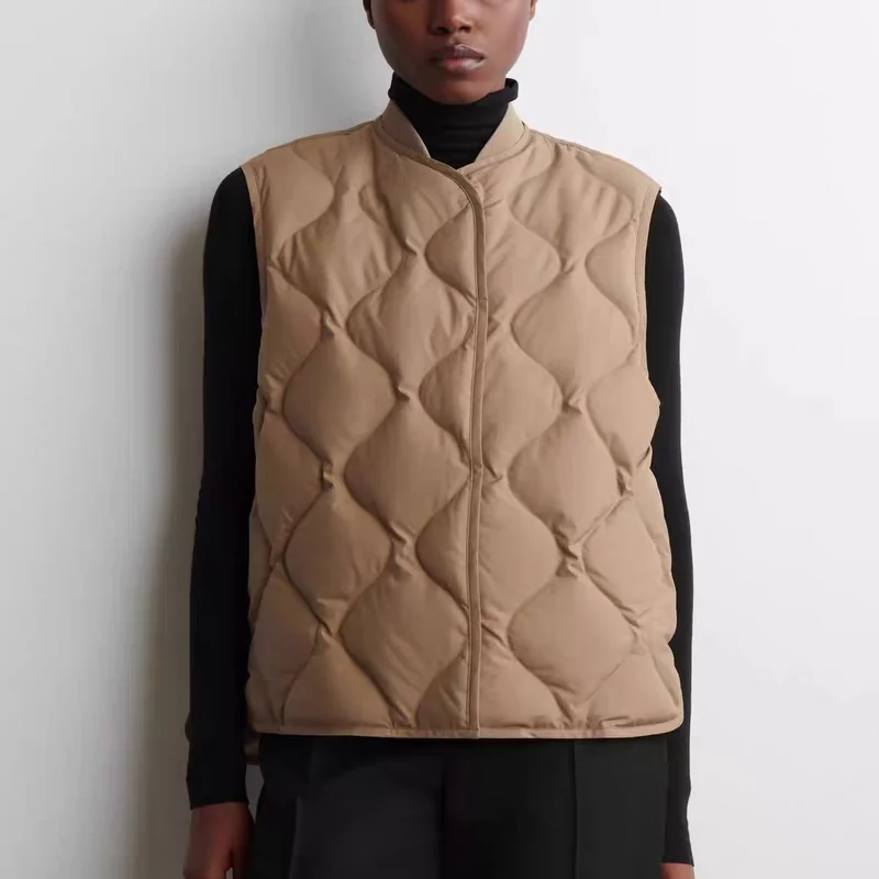 

Свободный крой, пришитый пуховый жилет, темно-бежевый, новый осенний женский модный жилет из полиэфирного волокна, 00% обычный, тонкий, на одной пуговице