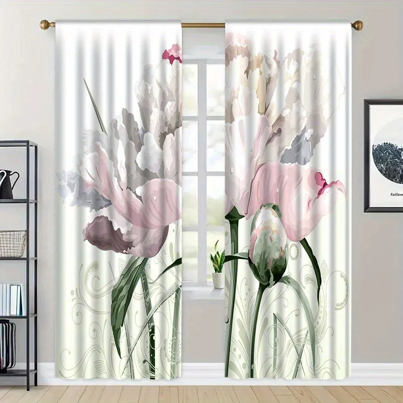 

2pc Peony print curtains, polyester fabric, machine washable, suitable for bedroom and living room decoration