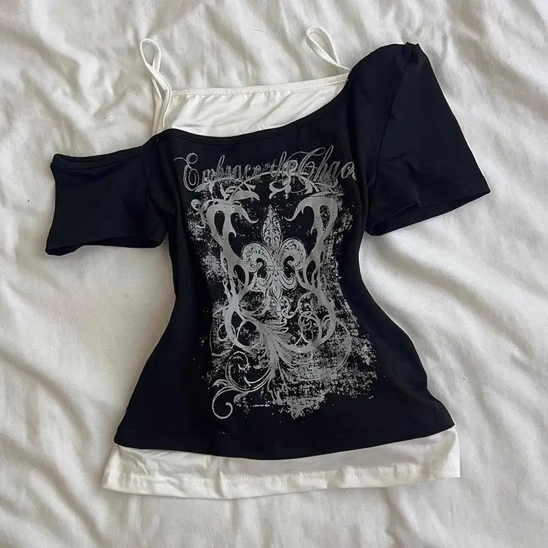 

Летняя футболка Y2K в стиле ретро, приталенный дизайн, искусственная двухсекционная футболка ort Sve, американский винтажный топ с принтом Spicy Girl, женская мода