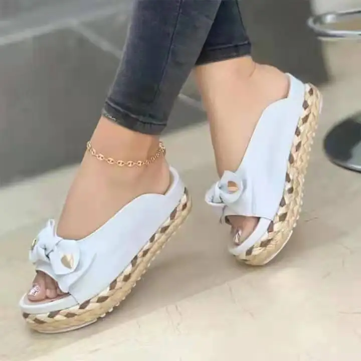 Zapatos de plataforma de talla grande para mujer, sandalias de ratán con fondo de paja tejido con lazo, zapatillas de lona de verano