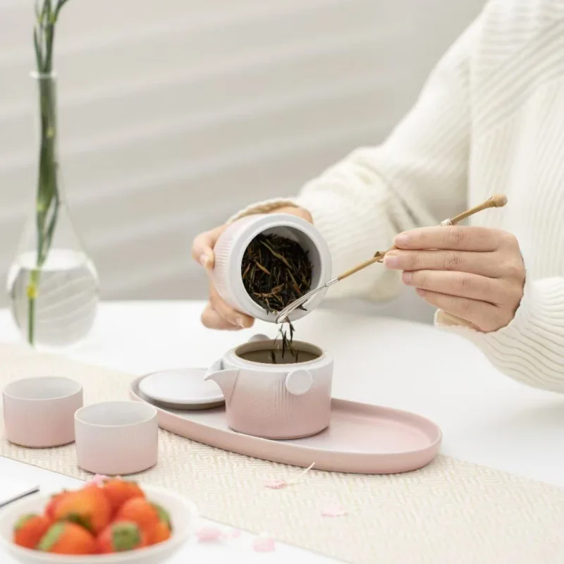 Pink and White Gradient Handheld Teapot Travel Tea Set Small Portable Outdoor Set One Teapot Three Cups Tea Tray Tea Set Gift