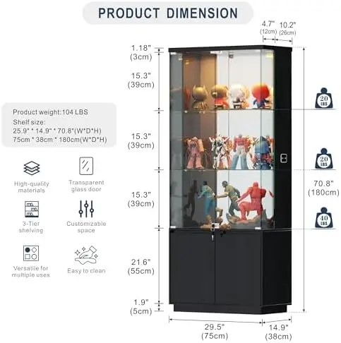 71'' Display Cabinet with Glass Doors&3 Color Lights&Lockable for Bedroom Black,High Gloss Curio Cabinet with