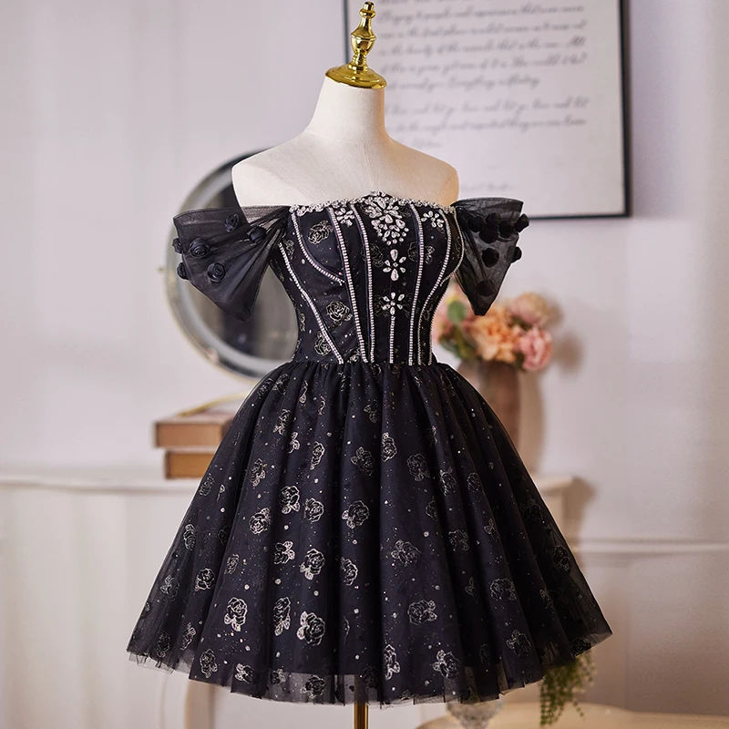 AnXin SH princesa flor negra encaje cuello barco rebordear cristal encaje hasta fiesta corto vestido de noche personalizado pequeño vestido negro