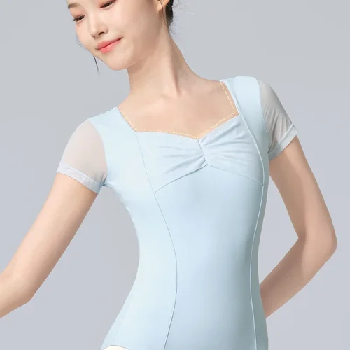 Imagen 2 del producto Leotardos de Ballet plisados con cuello en V para mujer, traje de baño con empalme de malla para gimnasia, bailarina, danza, Yoga, Pilates, baile