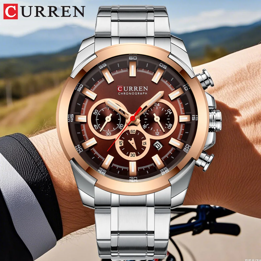 

Мужские спортивные часы с хронографом CURREN, кварцевый механизм, большой циферблат с автоматической датой, повседневные наручные часы с ремешком из нержавеющей стали 8361