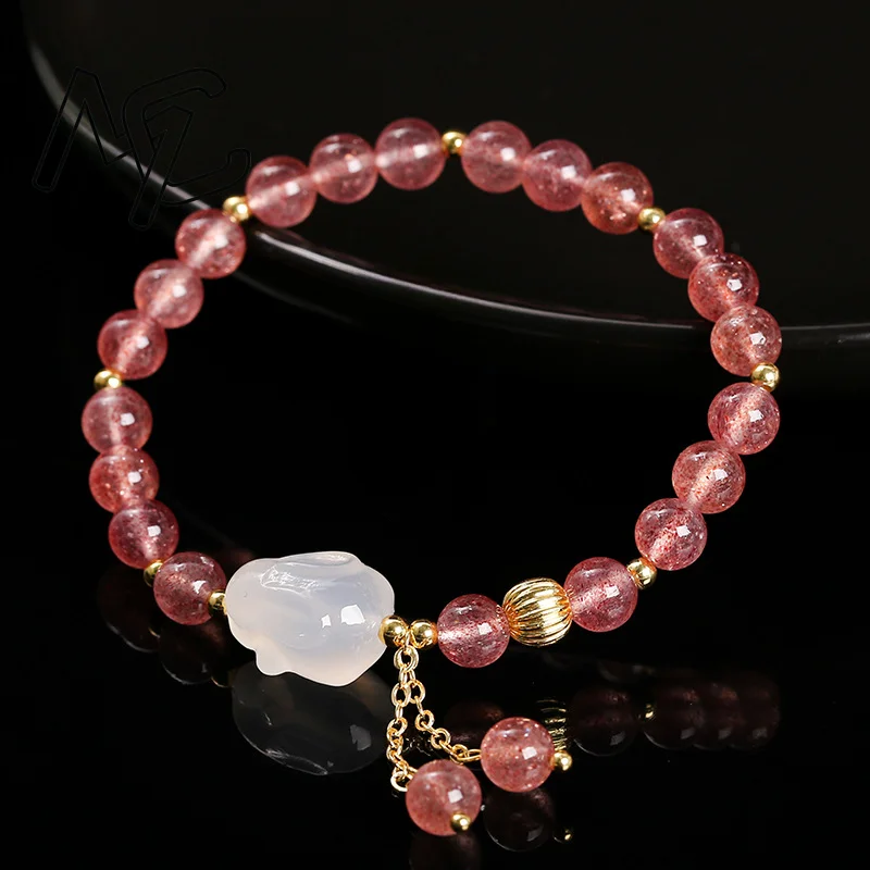 

Natural Strawberries Crystal Bead Bracelet Agate Rabbit Bangle 18K Gold Plating Young Girls Fashion Real Jewelry Holiday Gifts