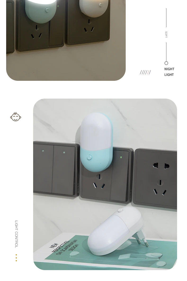 Energy Saving 3W Night Light Plug-in LED Socket Lamp Indoor Lighting Bedroom Night Bedside Lamp US/EU Two-color