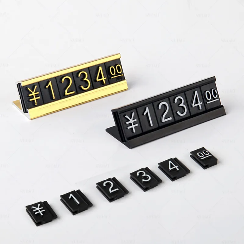 10 Sets Aluminum Base Adjustable Number Sale Price Label Sign Holder Display Stand Plastic Jewelry Watch Ring Price Cube Tags