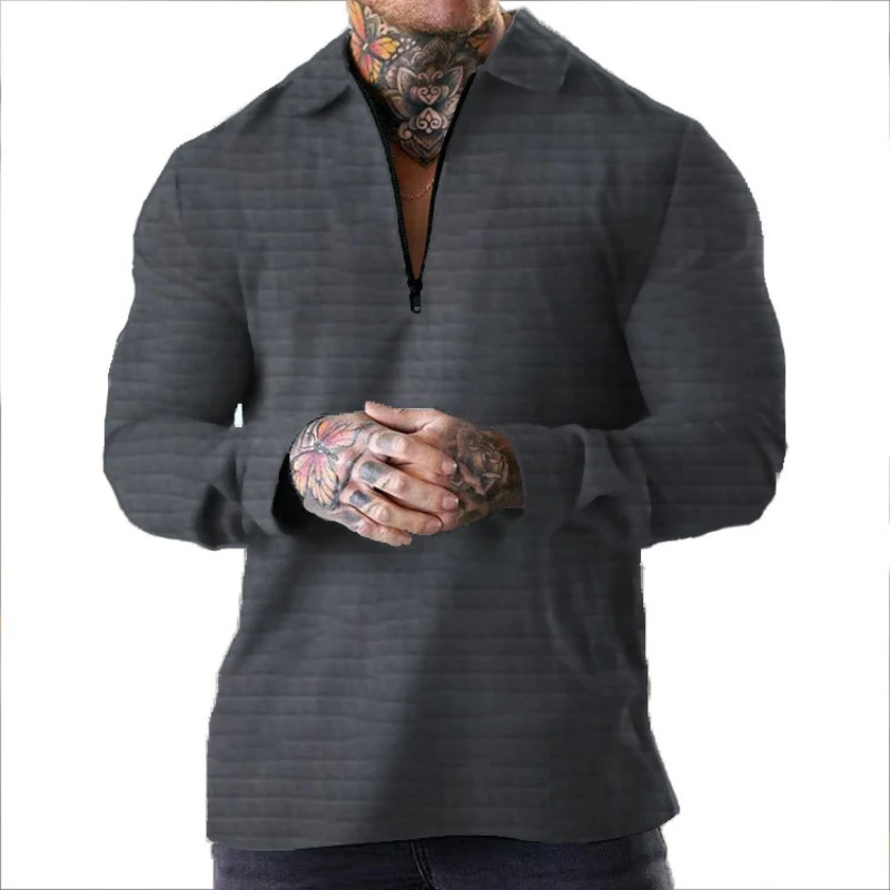 

New Men's Coat Waffle Solid Zipper Long Sleeve Jacket Personalized Trend Casual Polo Cardigan