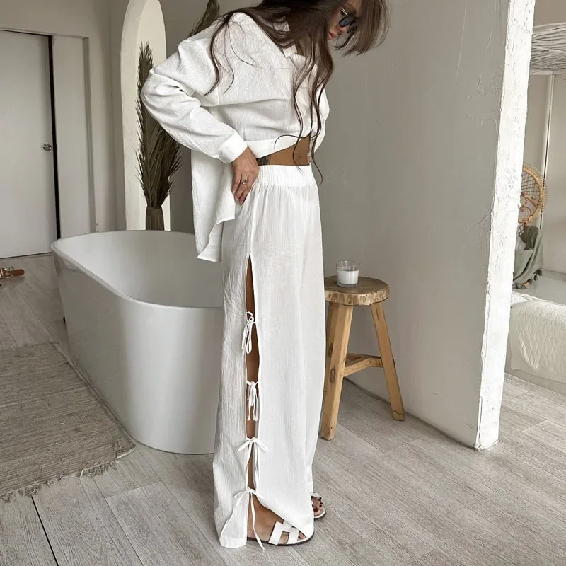 

Spring New White 2 Piece Set Loose Lapel Single Breasted Long Sleeved Shirt High Waist Split Lace Up Trousers Commuting Suit