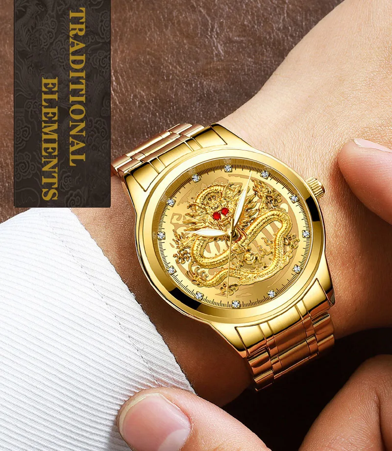 UTHAI Men Watch Embossed Gold Dragon Wristwatches Waterproof Diamond inlaid Ruby Male Fashion Middle-aged Elderly Clock Watches