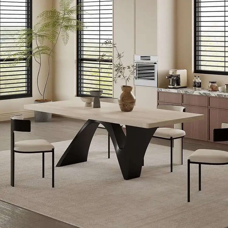 Medieval rectangular light luxury modern simple dining table French retro travertine rock slab dining table and chairs household
