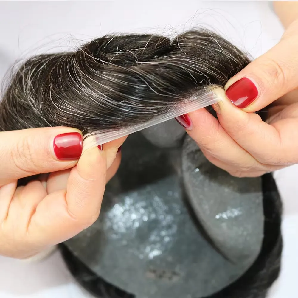 Natural Hairline 80% Density 0.02mm Super Thin Skin Invisible Base Men's Toupee Grey Male Human Hair Capillary Prosthesis System