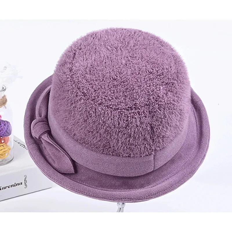 Winter Women Ladies Wool 1920s Bucket Cloche Hat Wool Furry Fur Church Party Cap Bow Tie Derby