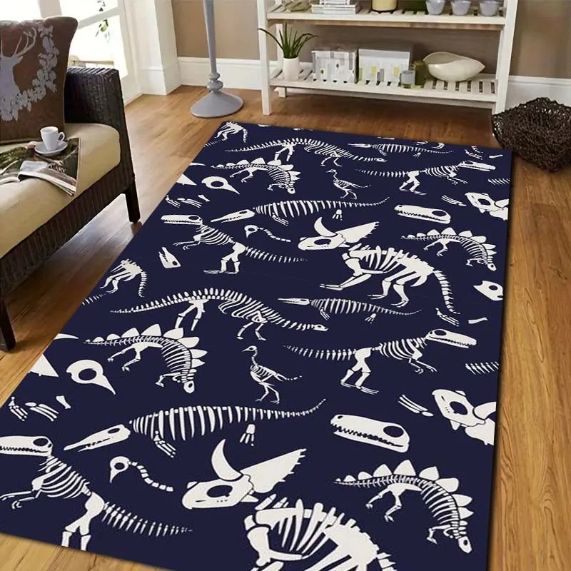 Dinosaur Skeleton Fossil Print Flannel Area Rug Non-Slip Floor Mat For Kids Bedroom Playroom Living Room Indoor Home Decor Gift