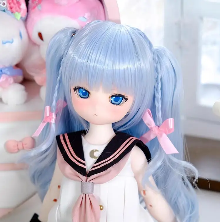 D03-C019 children handmade toy 1/3 1/4 1/6 MD doll BJD/SD doll's Accessories mixed pink white color pink bow braid wig 1pcs - Image 3