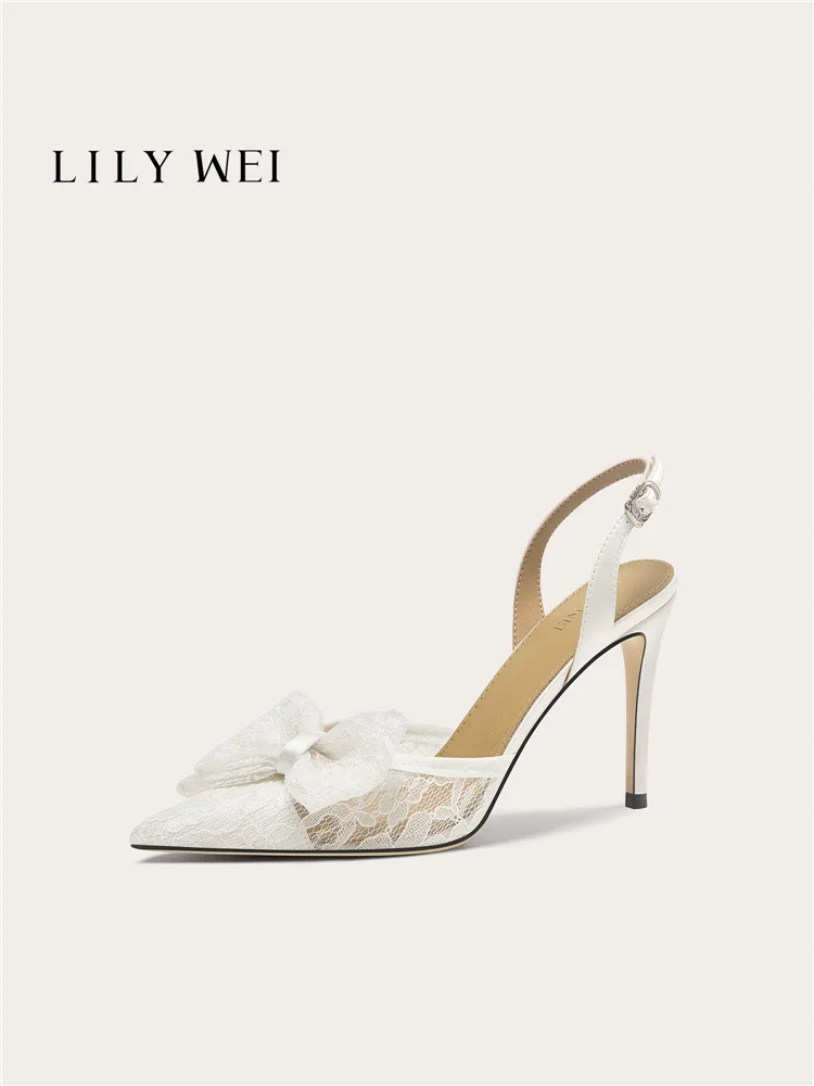 Summer new pointed-toe lace mesh bowknot small size wedding shoes banquet large size widened version high-heeled women's sandals