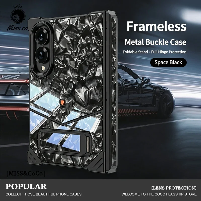 Aluminum Alloy Frame+Carbon Fiber Case for Samsung Galaxy Z Fold 8 Frameless Dual Hinge Protection Invisible Stand Metal Cover