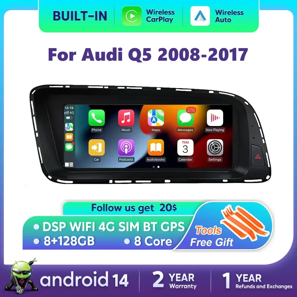Android 14 For Audi Q5 2008-2017 Car Radio Screen Wireless Carplay