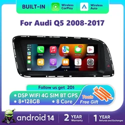 Android 14 For Audi Q5 2008-2017 Car Radio Screen Wireless Carplay Multimedia Player GPS Navigation Stereo 4G WiFi DSP SWC