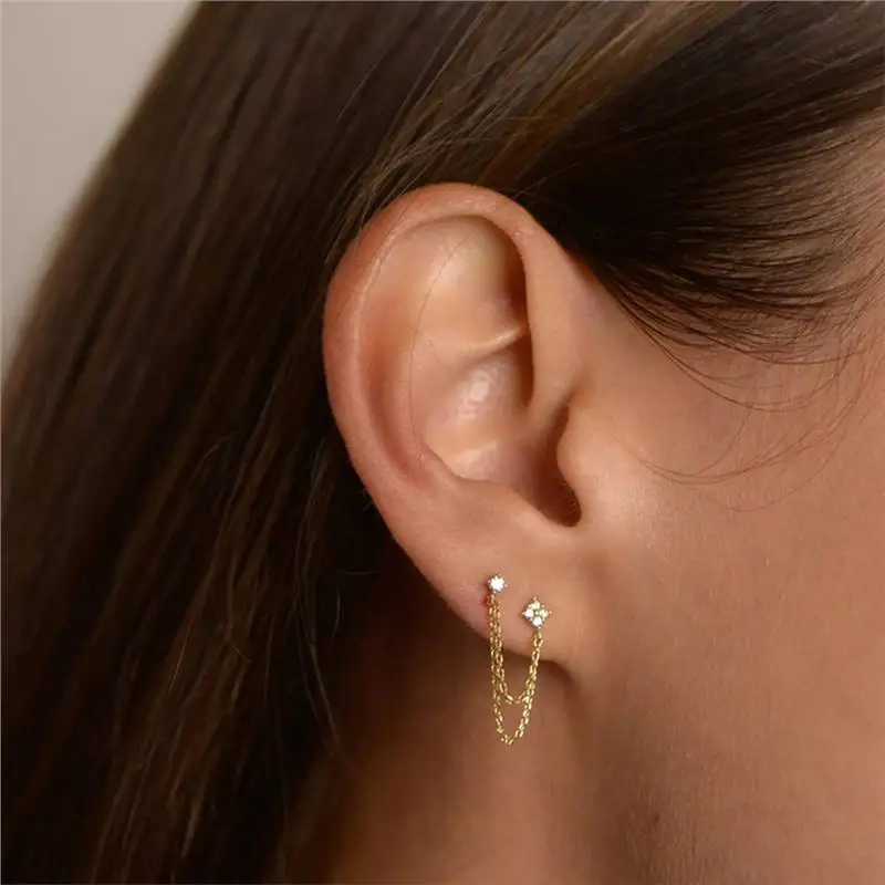 925 brincos de prata esterlina para mulheres, quatro flores de zircão, tachas duplas, corrente borla, brinco piercing, banhado a ouro 18k