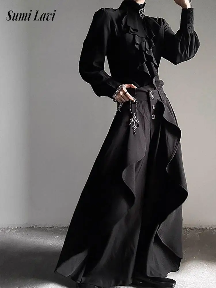 2026 Autumn Warm Loose Fit Paneled Culottes Mens Daily Outdoor Skirt Pants For Male Streetwear Vintage Solid Color Bottoms