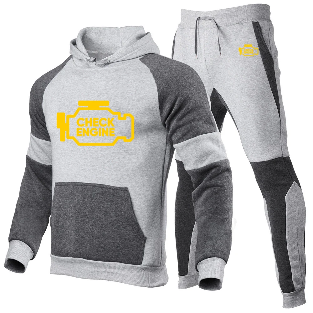 Mechanic Auto Repair Check Engine Light 2025 Spring And Autumn Men's New Patchwork Warm Casual Hoodie+Sports Pants Harajuku Suit