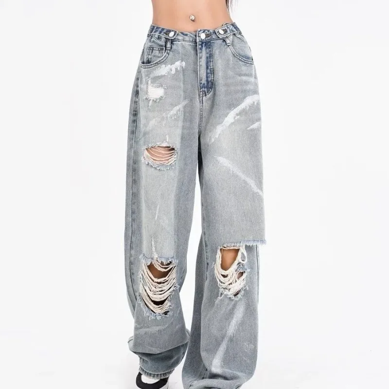 

American Retro Spice Girls Hole Breaking Jeans Women Pants 2024 Versatile Streetwear Straight Drag Pants Wide Leg Denim Trousers