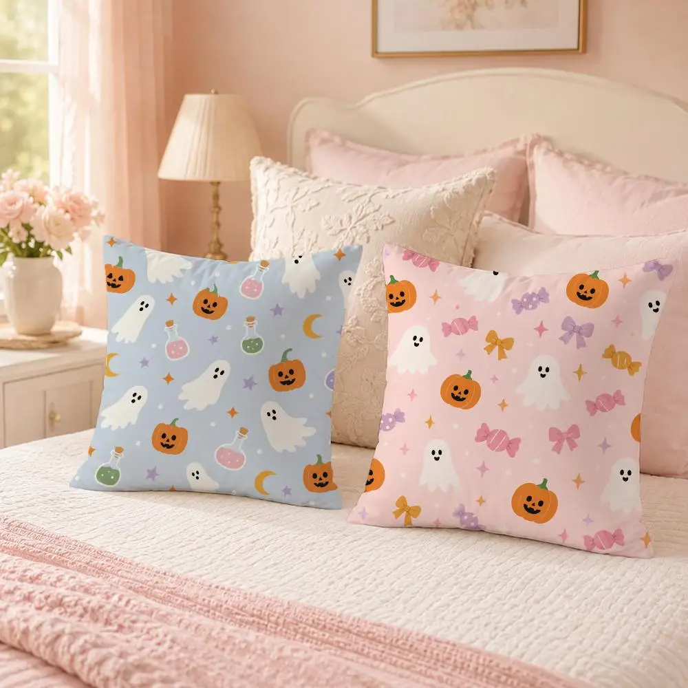 Macaron Cartoon Halloween Seamless Patterns Cushion Cover Custom Plush Pillow Cover Soft Cloud Comfort for Sofa Bed Couch