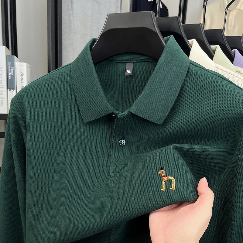 رجل الأصلي طويلة الأكمام قميص بولو 100% القطن رائعة التطريز النمط البريطاني الخريف الساخن القمم الأعمال الترفيه الرجال الملابس #4