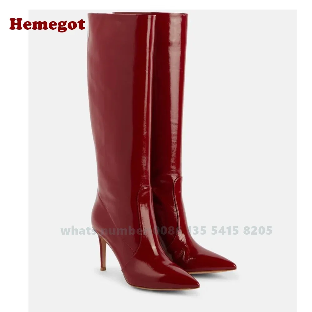 Burgundy Splicing Knee High Boots Pointed Toe Stiletto Slip On Women's Boots Winter Sexy High Heels Casual Office Shoes 2025
