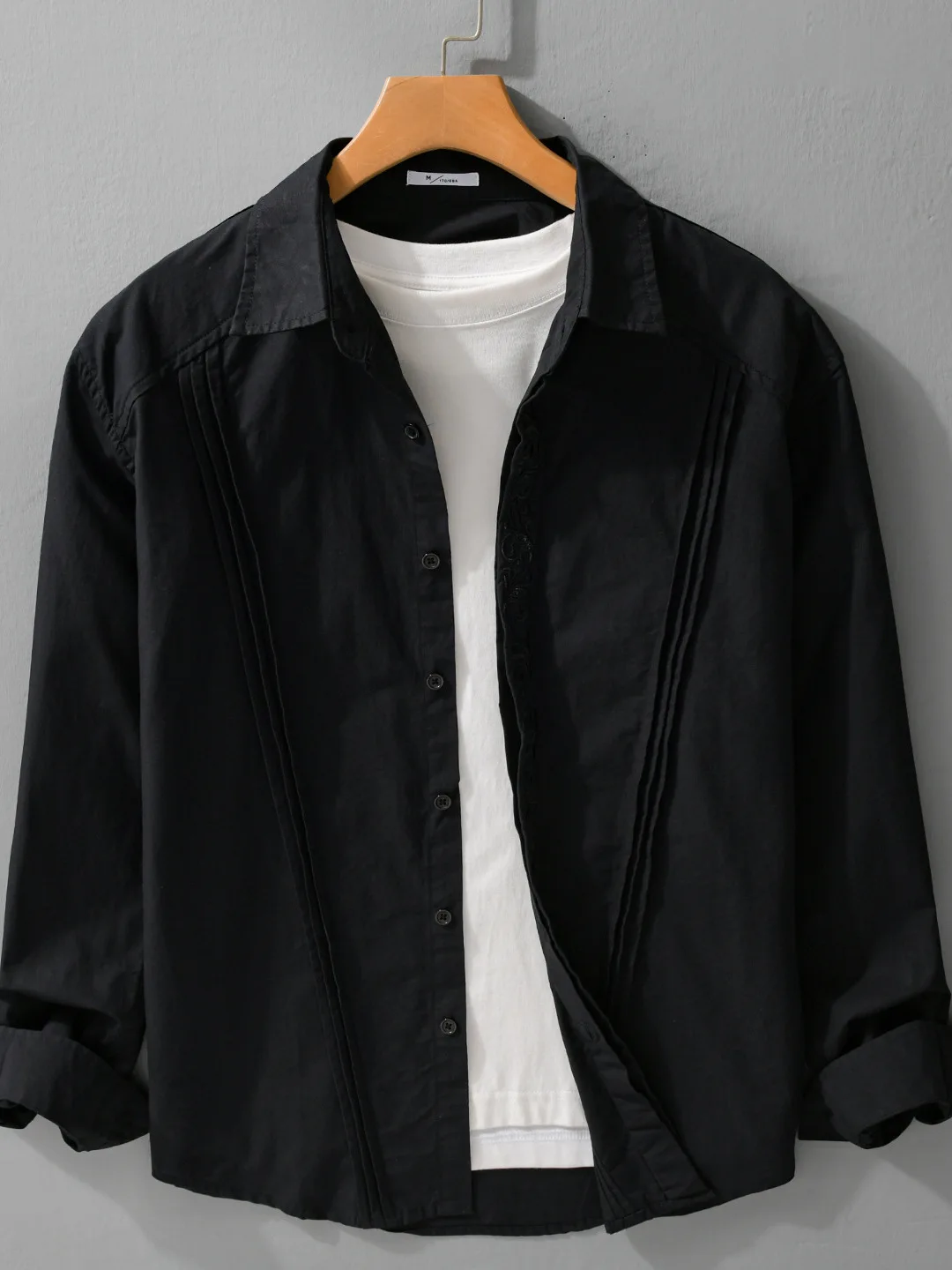 

Trendy Men's Long Sleeve Embroidered Loose Fit Shirt Collared Inner Wear Layering Top Fashionable Casual Cotton Shirt