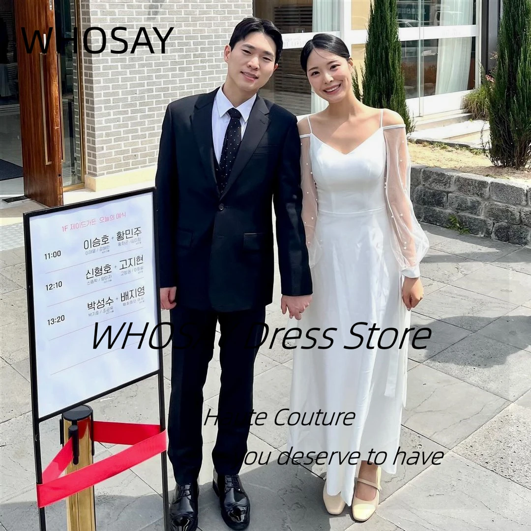 WHOSAY 심플 웨딩드레스 Beaded Sheer Long Sleeves Wedding Dresses Zipper Back Vistido De Noiva Ankle Length Special Occasion Bespoke