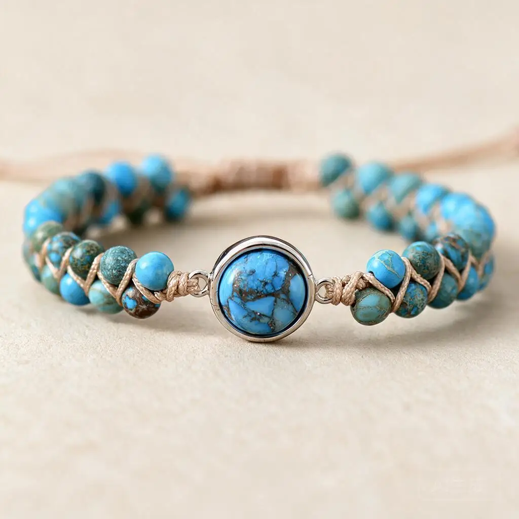 Custom Handmade Turquoise Emperor Stone Double Layer Braided Beaded Adjustable Bracelet Boho Ins Chinese Style Jewelry As A Gift