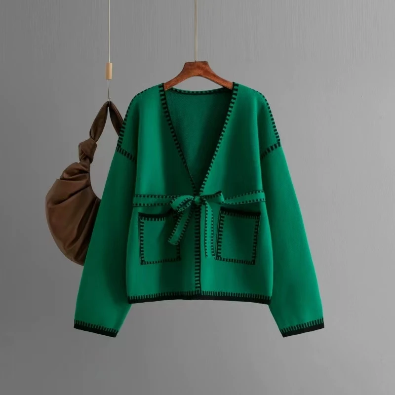 Lockerer, lässiger, gestrickter, offener Cardigan-Pullover mit Kette zum Binden, Herbst-Winter-Damen-Faion V Ne Long Sve Top