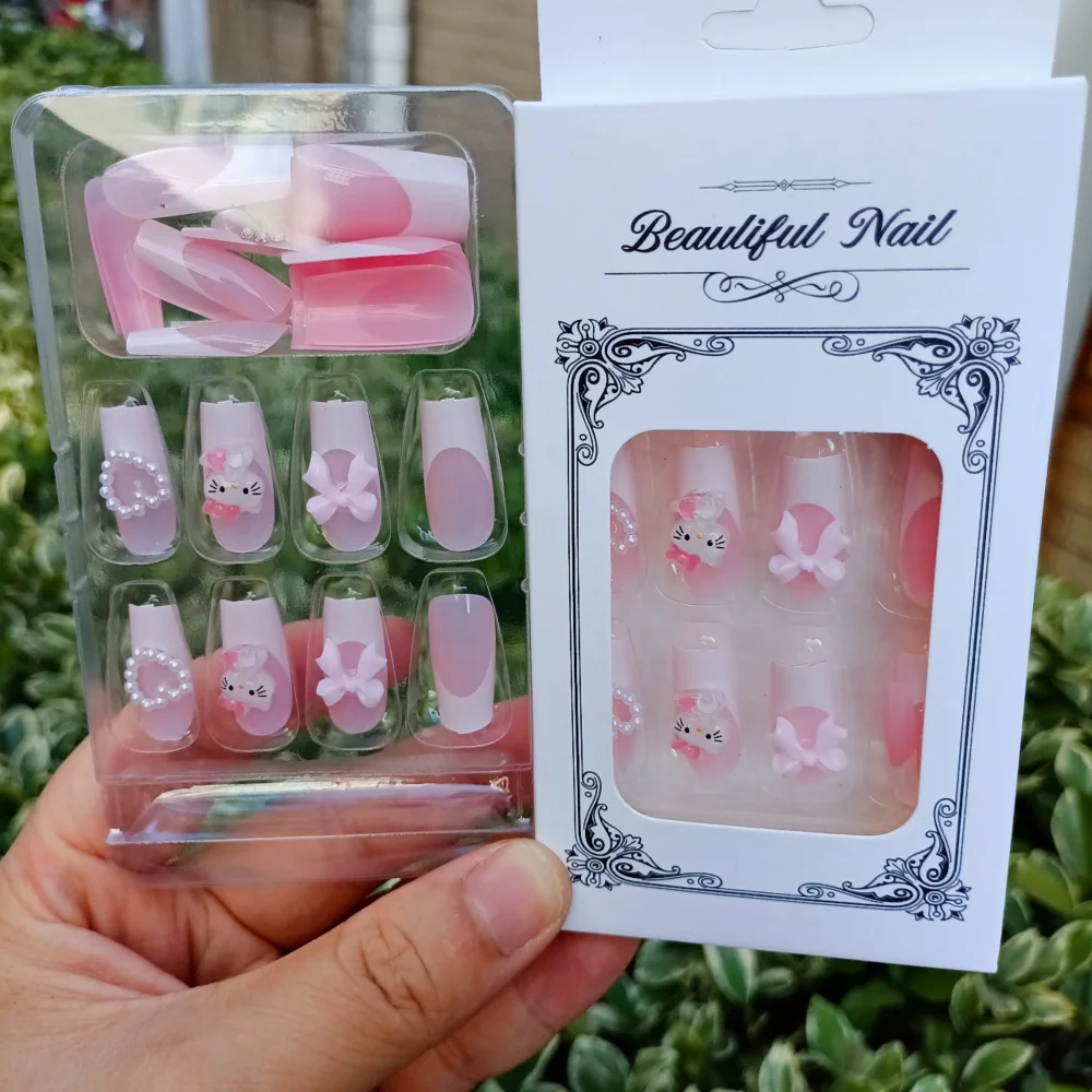24枚入り ハンドメイド ピンク フレンチ ハローキティ つけ爪 カワイイ キティ猫/パール/リボン ロングバレリーナ風付け爪 漫画風キティネイルチップ