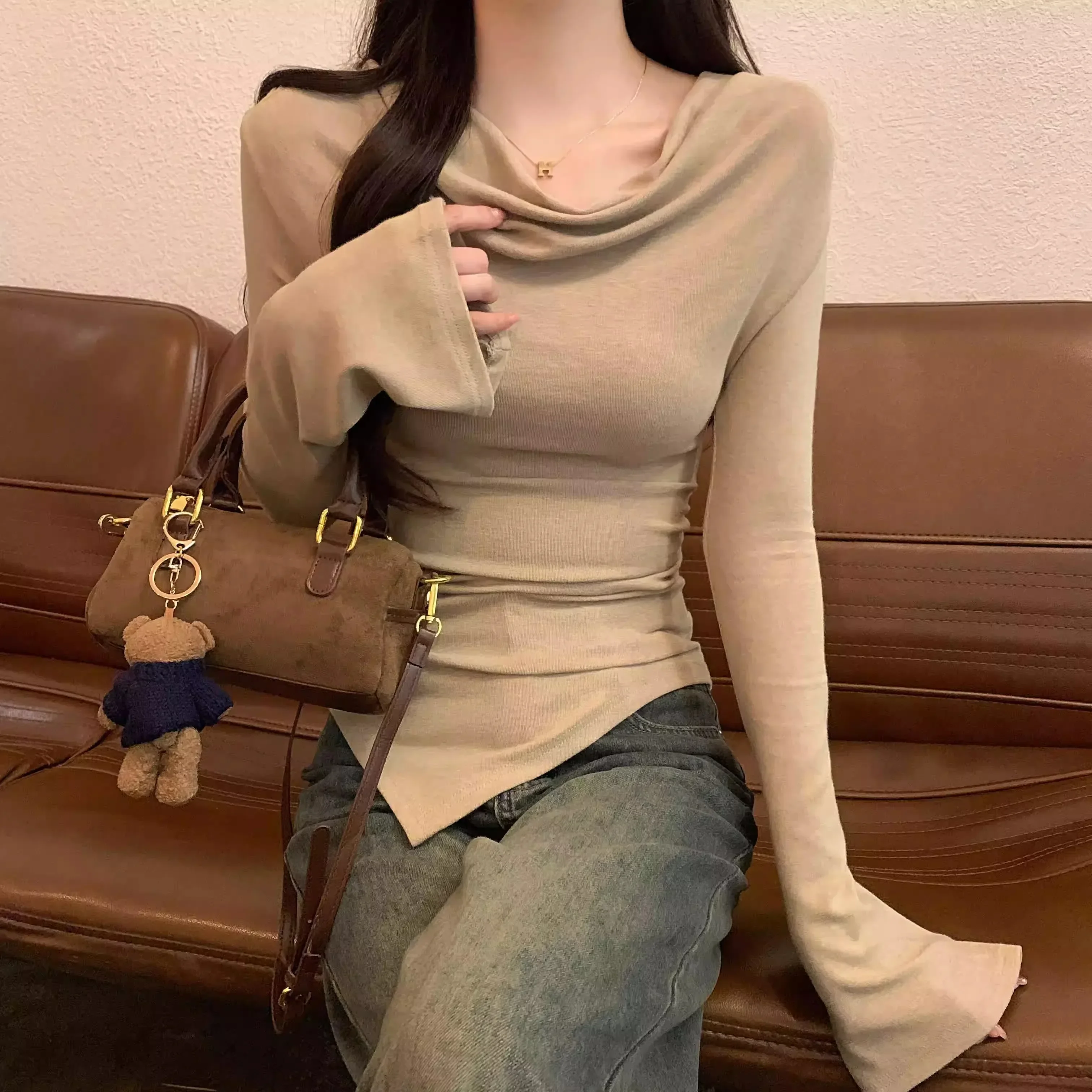 Fashion Irregular Women T-shirt spring autumn long Sleeve slash-Neck casual Solid Slim t shirt Ladies y2k Top Clothes Streetwear