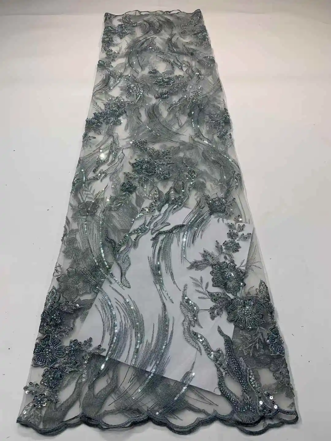 ผ้าลูกไม้ 5 หลา 2025 คุณภาพสูง ประดับด้วยลูกปัดและเลื่อม ผ้าลูกไม้ตาข่ายแอฟริกัน วัสดุแฟชั่นสำหรับผู้หญิง ผ้าลูกไม้หรูหรา