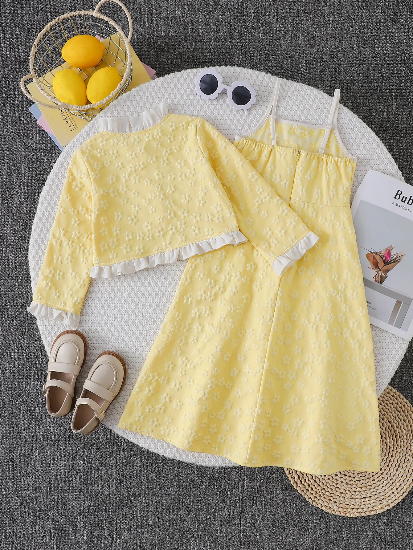 Girls Spring Autumn Two-Piece Set White Ruffle Yellow Open Cardigan + 3D Flower Strap Dress Ensemble for Kids