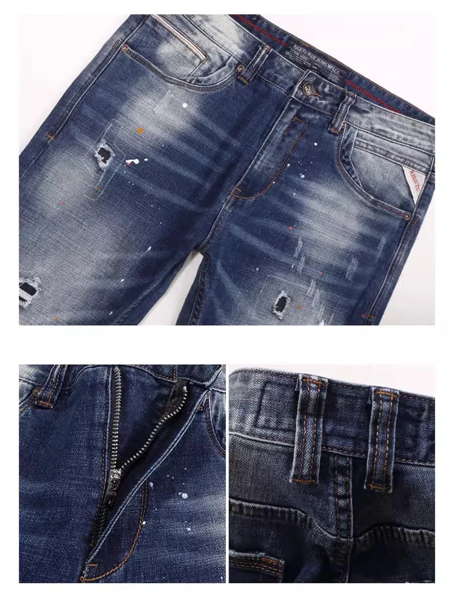 Fashionable streetwear men's jeans, high-quality retro washed blue elastic slim fit split cow patchwork jeans, men's retro desig