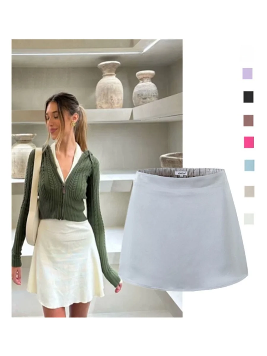 Retro High-End Feeling All-Match Vaion Smooth Satin ort Skirt High Waist A-Line  Skirt Anti-Light Small ort Skirt