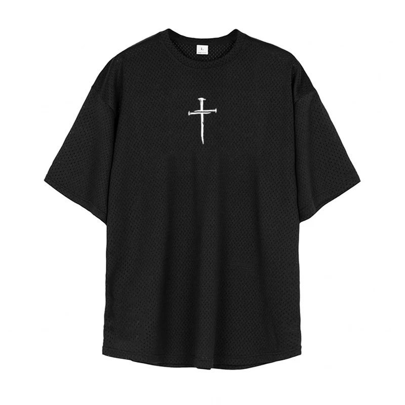 Oversized Loose Tops Mens Casual Sports Half Sleeve Shirt Gym Bodybuilding Fitness Muscle T-Shirt Summer Mesh Quick Dry Clothing