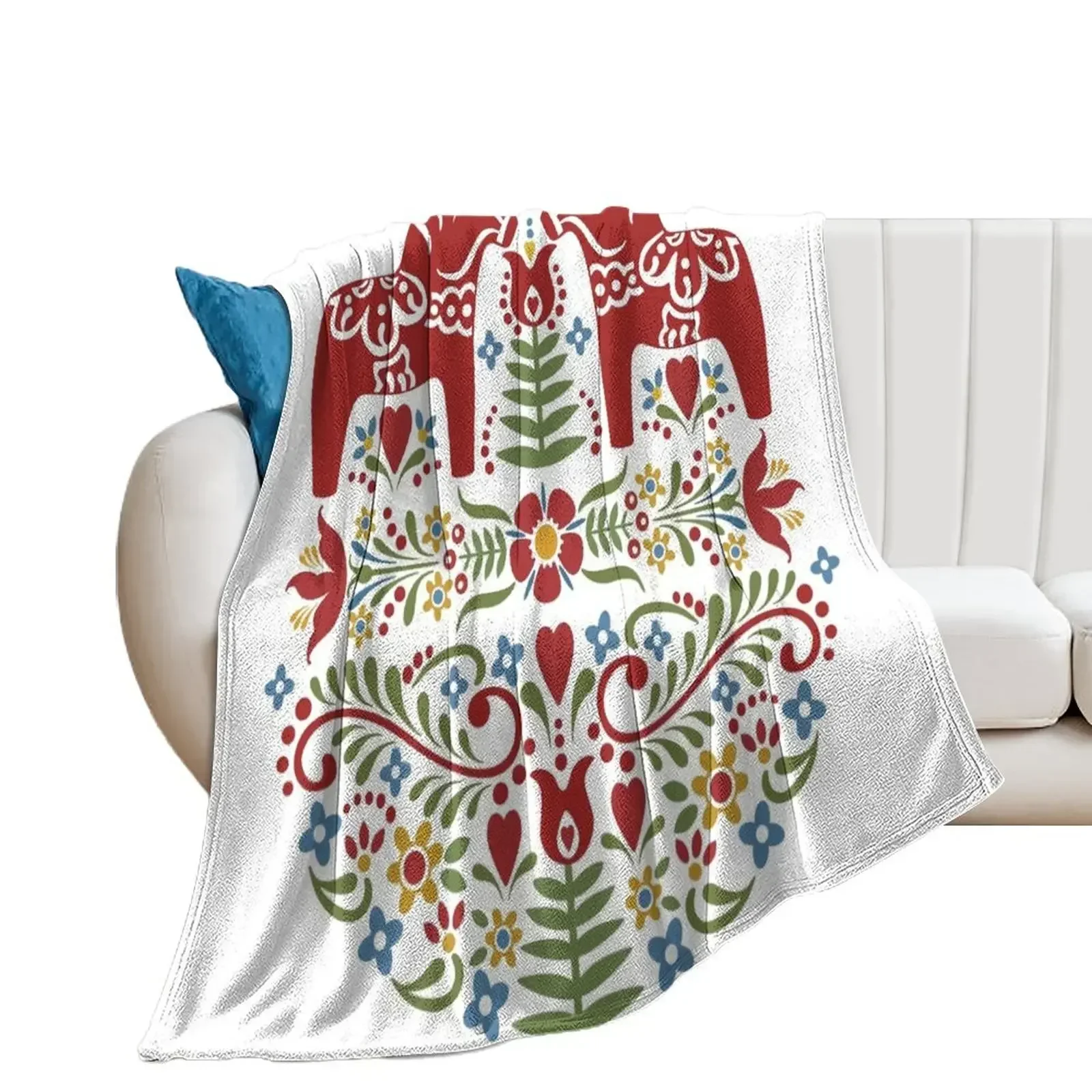 

Scandinavian Dala Horse, Swedish Folk Art Throw Blanket Nap Personalized Gift Blankets