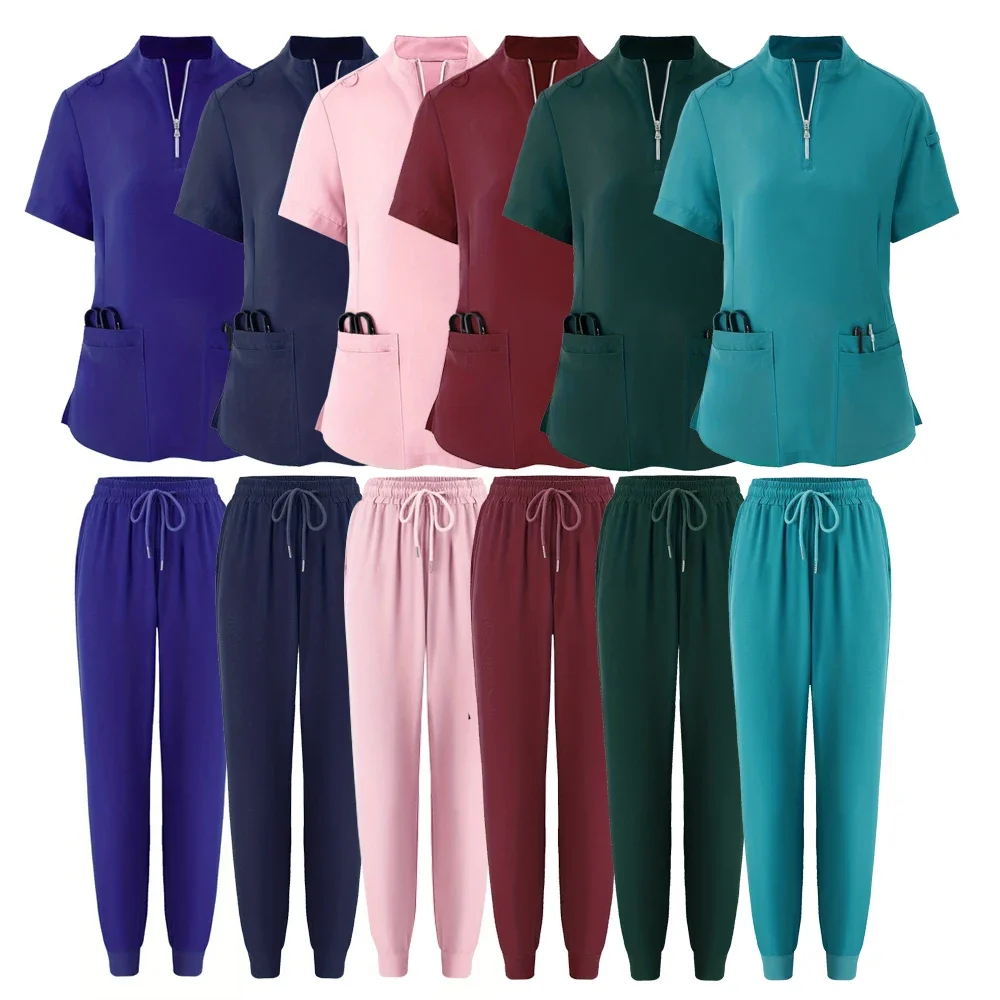 Women's 4-Pocket Zip-Neck Short Sleeve Scrub Top Nurse Uniforms Women Medical Nurses Accessories for Hospital Doctor Uniform