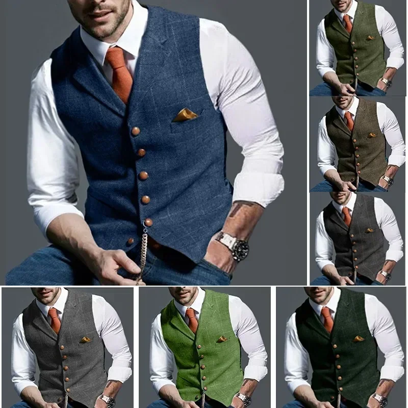 Men\'s Retro Suit Vest Fashion Plaid Lapel Single-breasted Waistcoat with Pocket Business Casual Formal Vest Tops Men\'s Clothing