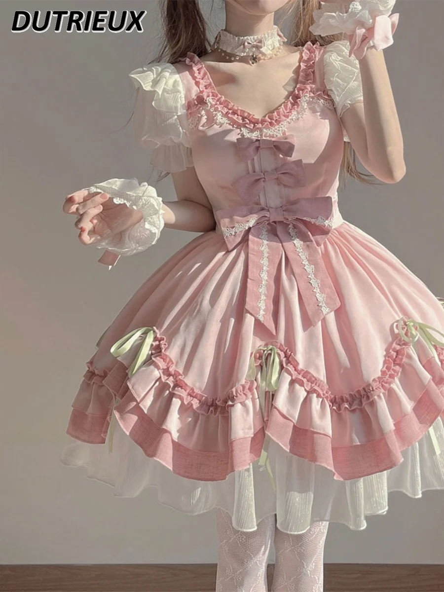 

Pink Kawaii Cute Lolita Bow Puff Short Sleeve Waist-Tight Dress Japanese Gentle Sweet Girl Princess Birthday Party Dresses